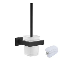 Wall - Mounted Brushed Stainless Steel Toilet Brush with Glass Holder (Black)
