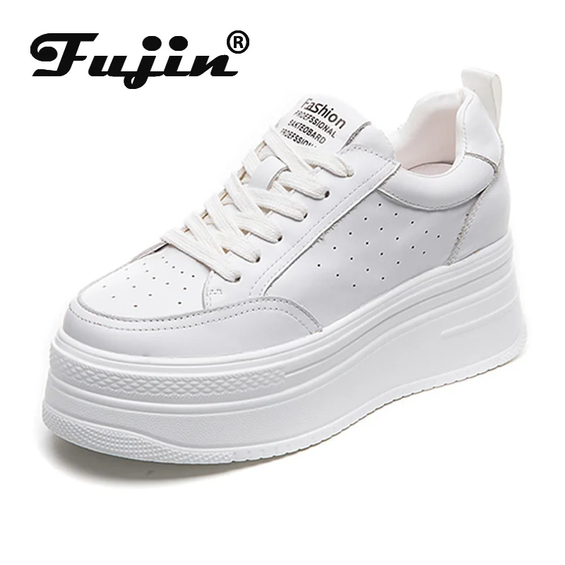 

Fujin 7cm Genuine Leather Platform Wedge Shoes Chunky Sneakers White Comfortable Leather Super Thick Sole Spring Autumn Shoes