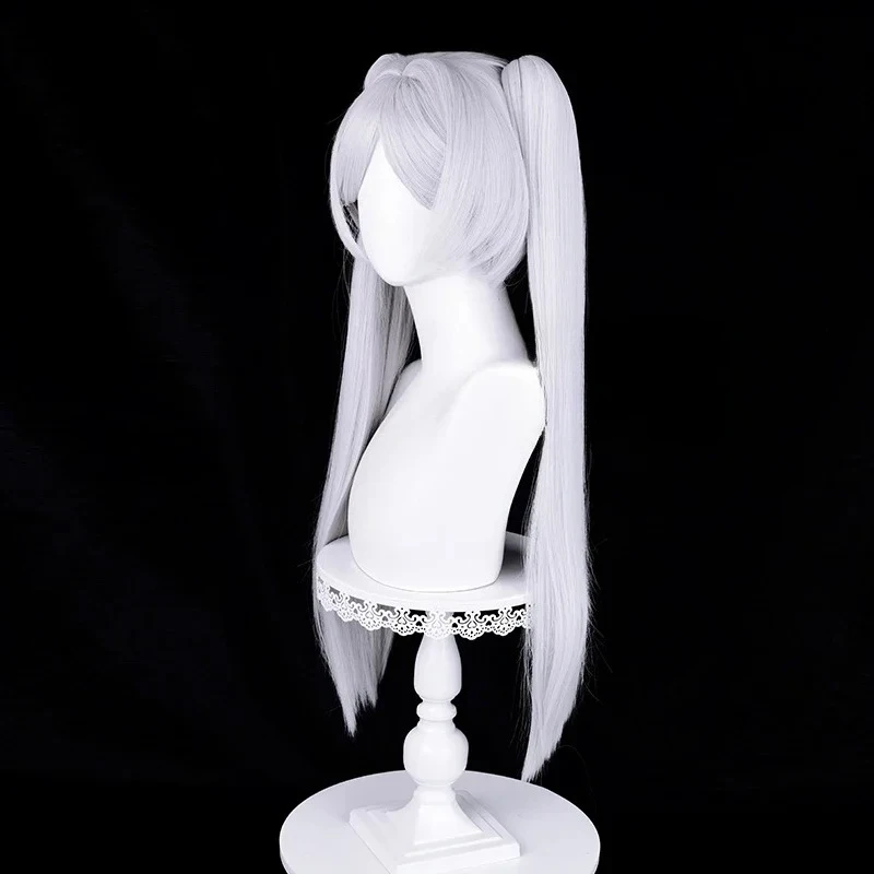 애니메이션 코스프레 가발 68cm 실버 화이트 두 개의 포니테일 내열성 합성 머리 + 가발 모자