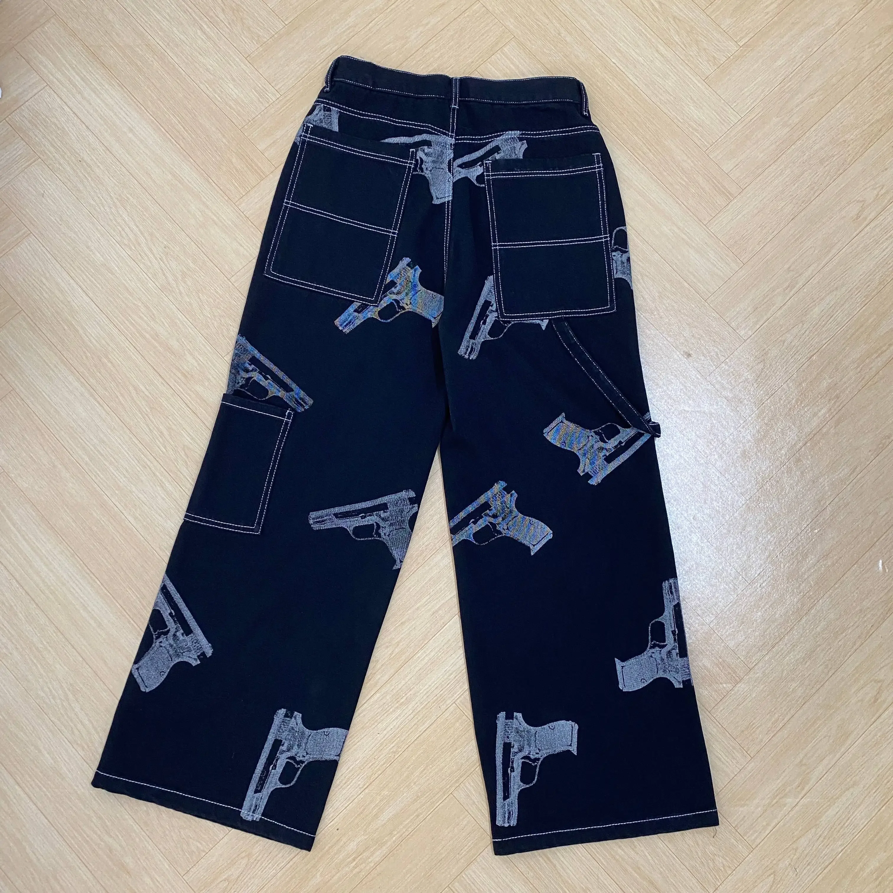 2024 Y2K American High Street Pistol Pattern Retro Printed Jeans Fashion Classic British Twill Cotton Pants Men's Jeans 2