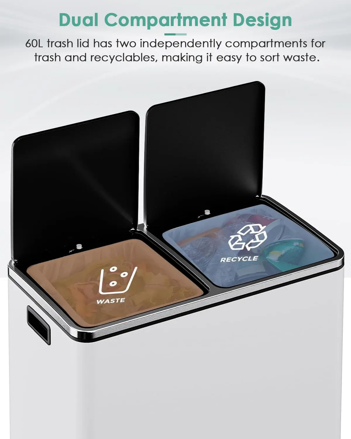 60L(16 Gal) Dual Trash Can, Stainless Steel Kitchen Garbage Can, Double Compartment Classified Rubbish Bin