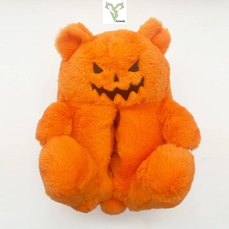 Rytanda Kawaii Teddy Bear Pumpkin Slippers Orange Bear Soft Plush Doll Indoor Fuzzy Flat House Shoes Women Men Halloween Gifts 6