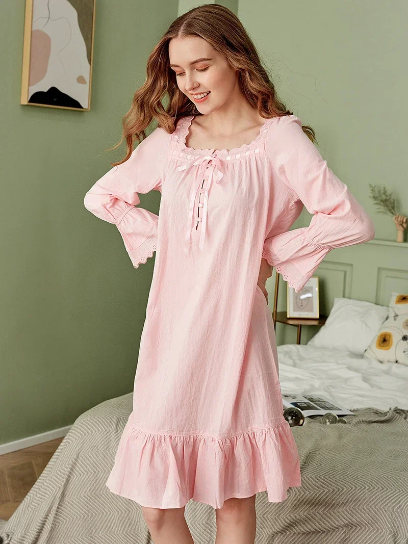 

Women Cotton Summer Vintage Princess Nightgowns Long Sleeve Nightwear Pajamas Female Loose Ruffles Sleepwear Victorian Homewear