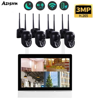 AZISHN-3MP Ptz 카메라 보안 시스템, 4CH, 7 인치, 터치 LCD NVR 키트, 외부, 와이파이, 비디오 카메라, 자동 추적, 야간 투시경