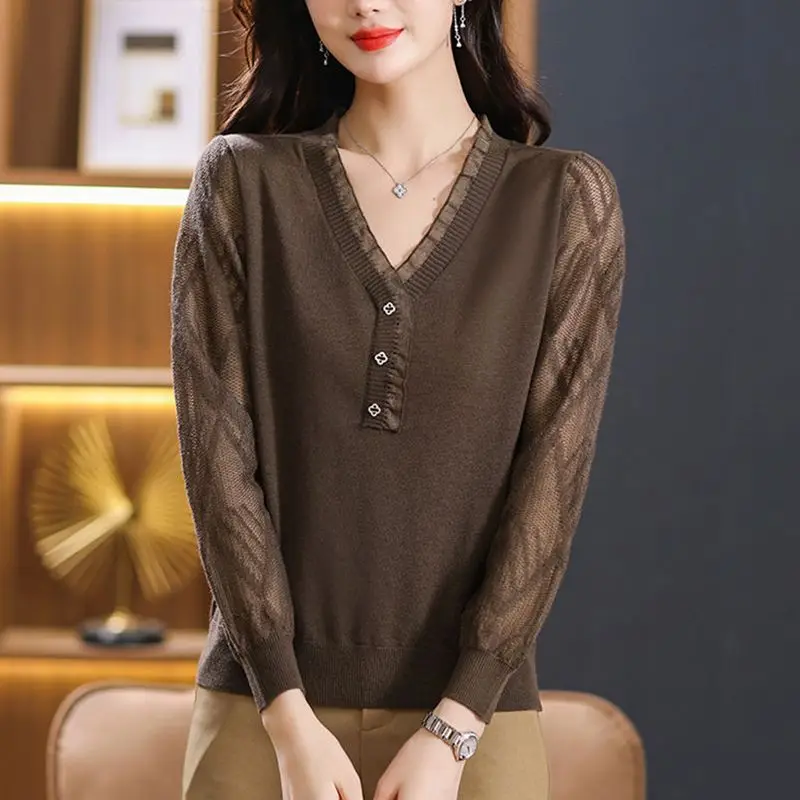 

Spring and Autumn Women's Pullover V-neck Embroiled Flares Sweater Lace Hollow Bottom Fashion Casual Elegant Long Sleeve Tops