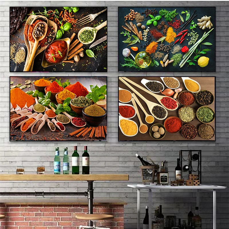 Kitchen Grain Spice Spoon Posters Prints Canvas Painting Restaurant Wall Art Pictures for Kitchen Home Decoration Gift Cuadros oil painting fruit and juice realist canvas painting kitchen home decoration frameless wall art paint pictures