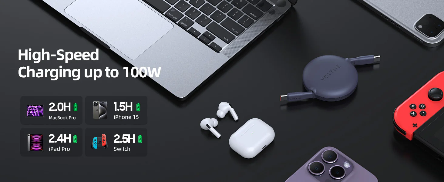 VOLTME USB C Cable Retractable USB C to USB C PD 100W Fast Charging Cable Retractable Type C Charger Cable for iPhone 15 Pro Max 10 S3296f844939b4208b95957a2e75ecde2w