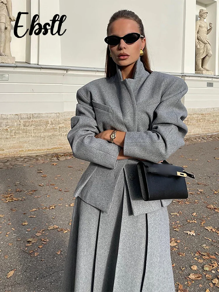 Elegant Woolen Coat Skirts Set Women Grey Lapel Hidden Buckle Blazers Pleated Skirt 2024 Autumn Winter New Lady Office Outfits