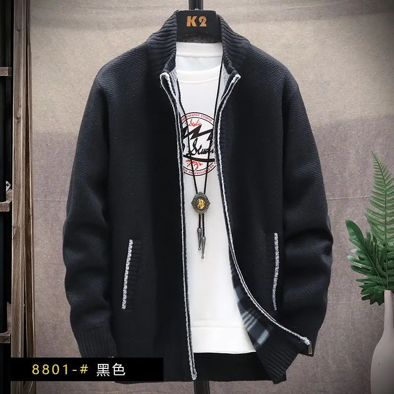 Autumn Winter New Men's Casual Long Sleeve Patchwork Sweater Thick Stand Collar Loose Solid Color Cardigan Zipper Knitted Coats