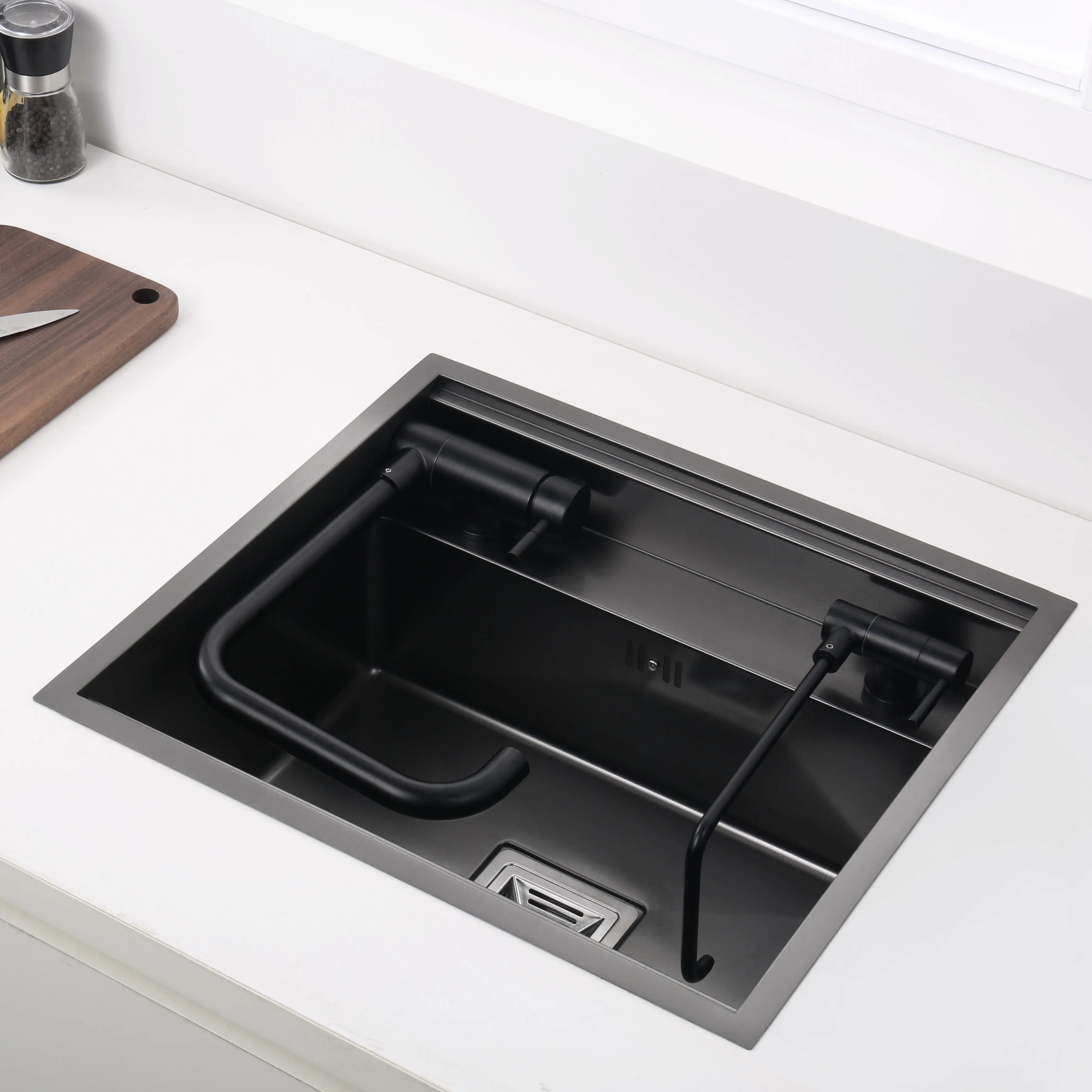 Hidden Black Kitchen Sink Bowl Bar Stainless Steel Balcony Sink Concealed Black Bar Sink with Clean Water Tap Open Kitchen Bowl