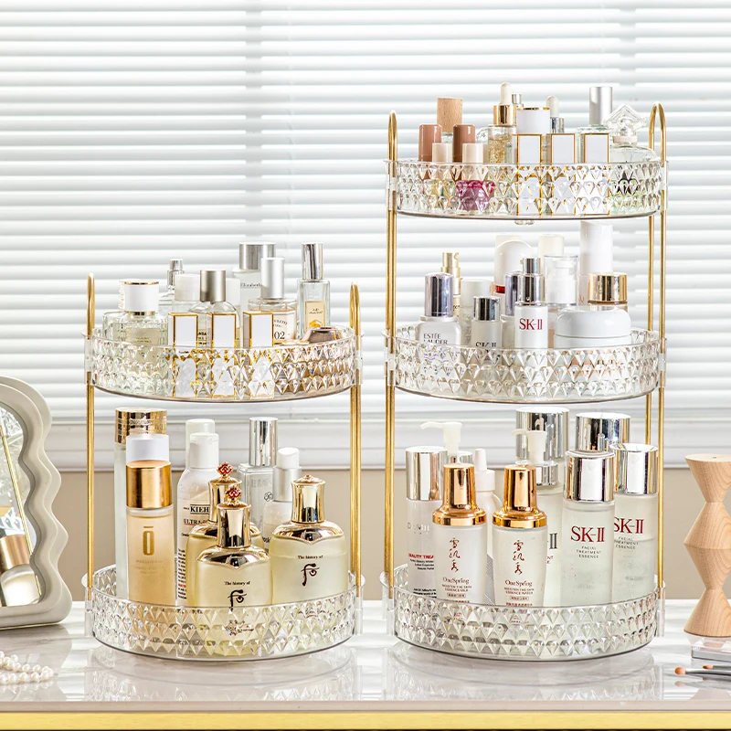 360° Rotating Cosmetic Organizer 3 Tier Transparent Diamond Pattern Cosmetic Rack Bathroom Cosmetic Vanity Organizer Countertop 2