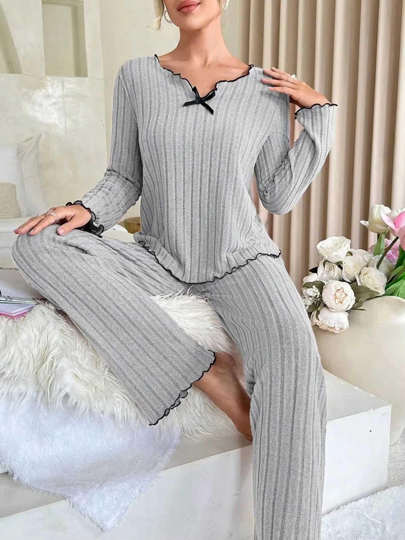 Women Autumn Winter New Sleepwear Y2K Ribbed Pajamas Set Long Sleeve Top and Long Pants 2 Piece Set Casual Homewear Loungewear