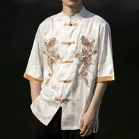 Robe traditionnelle chinoise d'été de haute qualité, chemise brodée de Dragon, vêtements pour hommes, soie glacée, demi-manches, hauts Vintage, grande taille 3