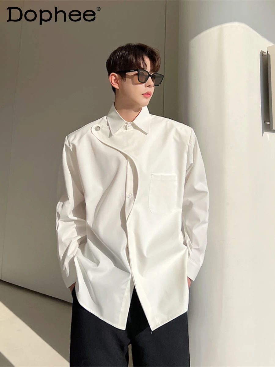 Spring Fashion High-End Padded Shoulder Shirt Men's Long-Sleeved Asymmetric Casual Handsome Long Sleeve Solid Color Shirts