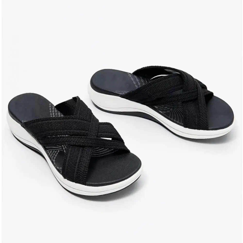Summer Women Sandals Cross Mesh Strap Mixed Color Open Toe EVA Wedge Platform Slippers Slip on Outdoor Beach Shoes