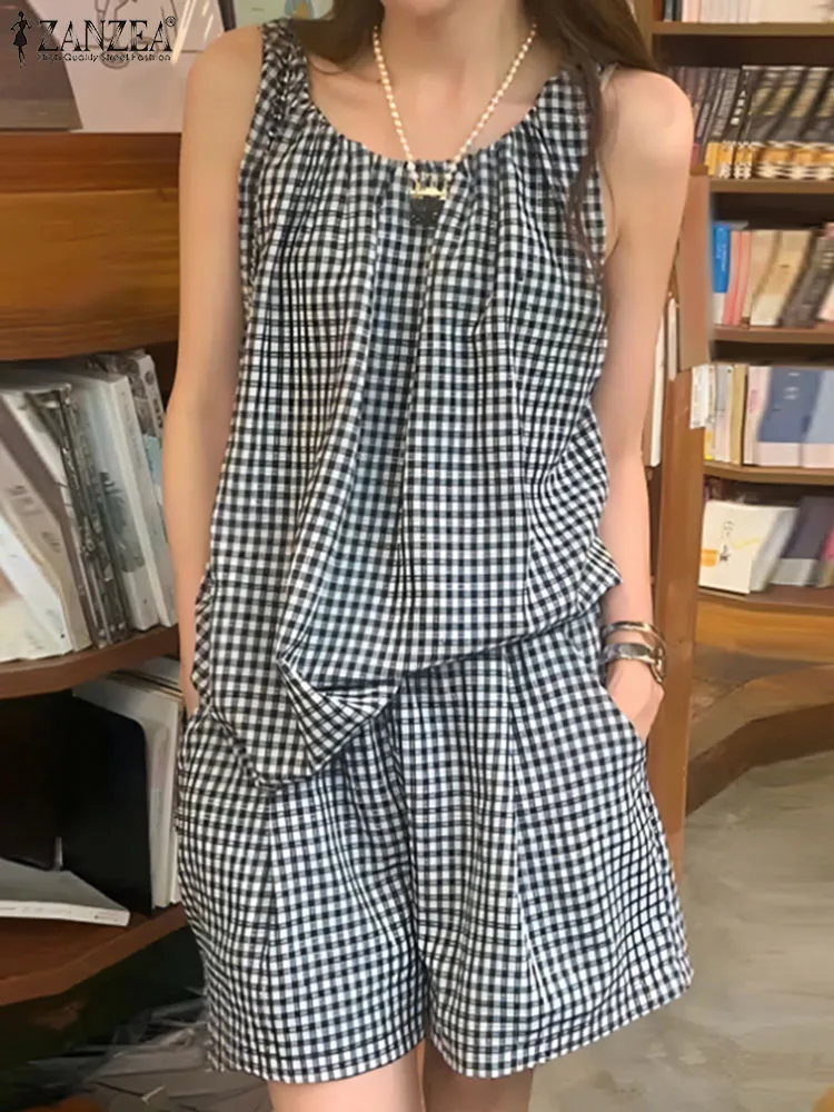 

Женский короткий комплект из 2 предметов, винтажный Топ без рукавов, наряды ZANZEA, повседневный короткий костюм с эластичным поясом и карманами, летние комплекты 2024 с клетчатым принтом