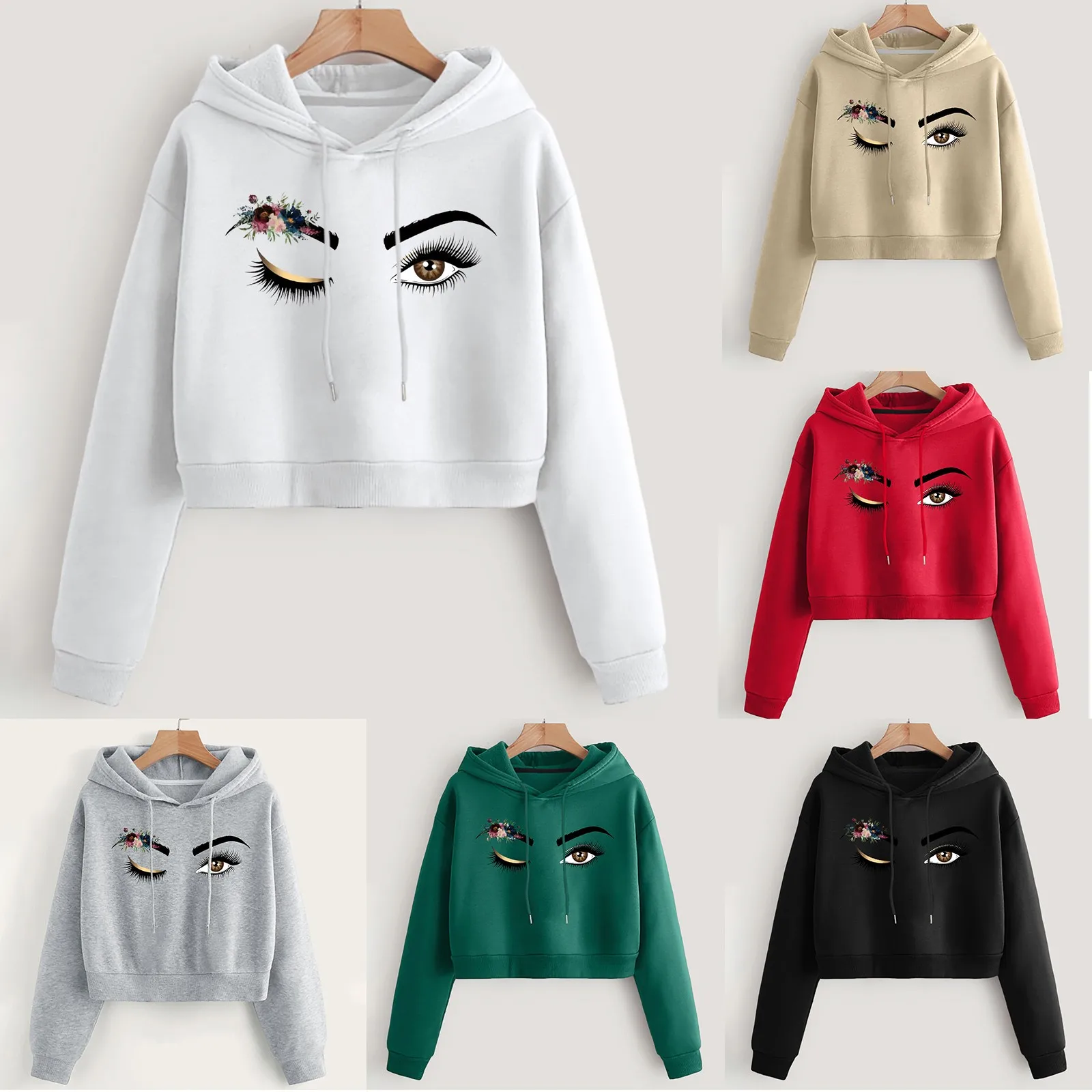 

Eyelashes Print Hoodies Women Clothes 2023 New Sweatshirt Casual Hooded Sweatshirts Short Sweatshirt Tops Femme Streetwear