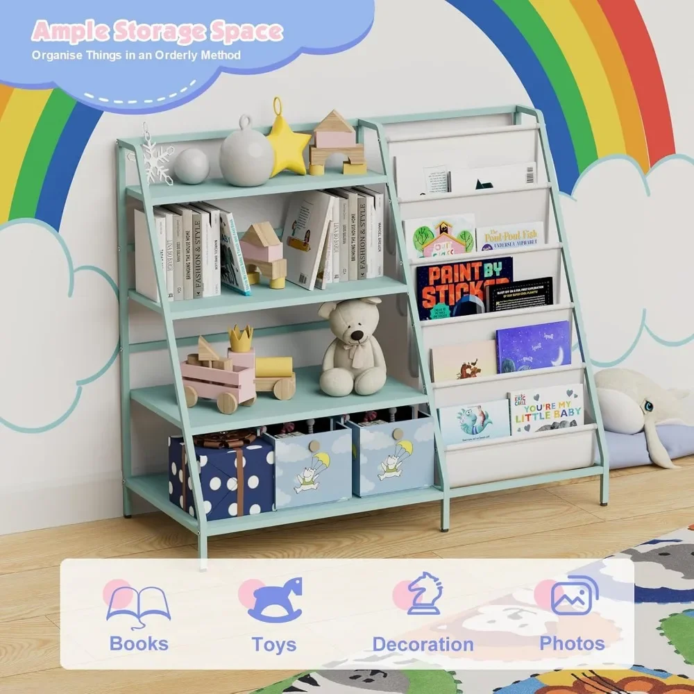 Bookshelf for Kids - Metal 4 Tier Childrens Bookcase with 5 Sling Deep Book Rack Display Shelves Toddler Toys Organizer 4