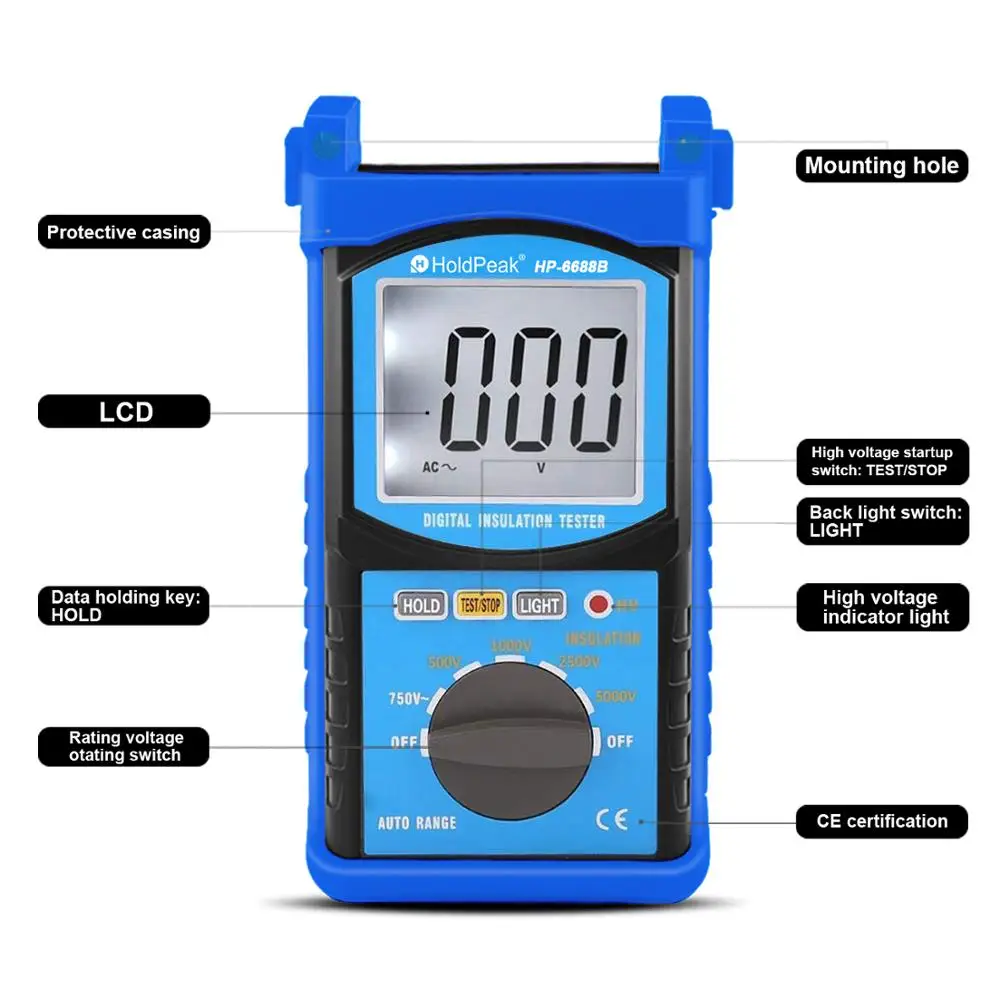 HoldPeak HP-6688B 5000V Digital Insulation Resistance Tester Professional Voltage Measure Instrument Auto Range Portable Tester