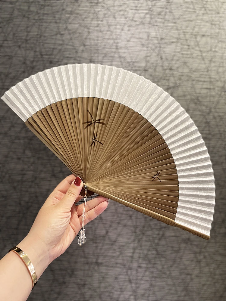 

Women's niche design sense simple blank exquisite Zen creative folding fan retro and paper inkjet dragonfly fan