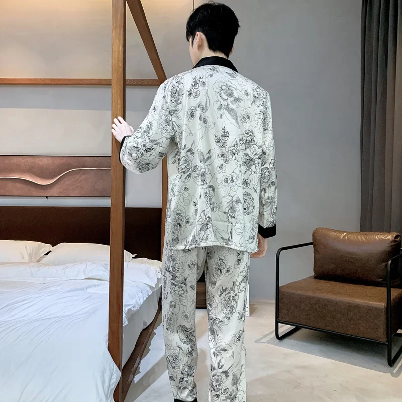 High Quality Satin Printed Pajamas Set Men's Nightwear Ice Silk Long Sleeve Loose Thin Teen Home Clothing Wear Suit Male Pyjama