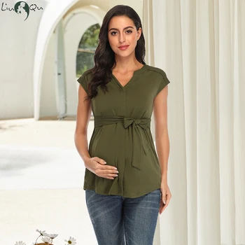 여성 출산 탱크 탑 임신 민소매 티셔츠, 벨트가 있는 임신 셔츠, 출산 여름 클래식 탑, 여성 의류