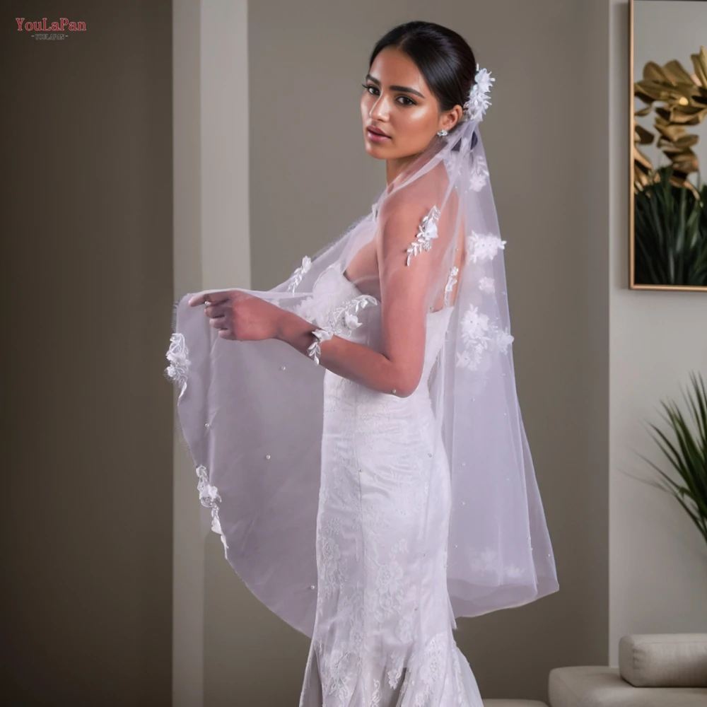 

Youlapan V52 Elegant 3D Flowers Bridal Veils Rochii Wedding Veil with Pearls Bridal Shower Scattered Lace Floral Applique Veu