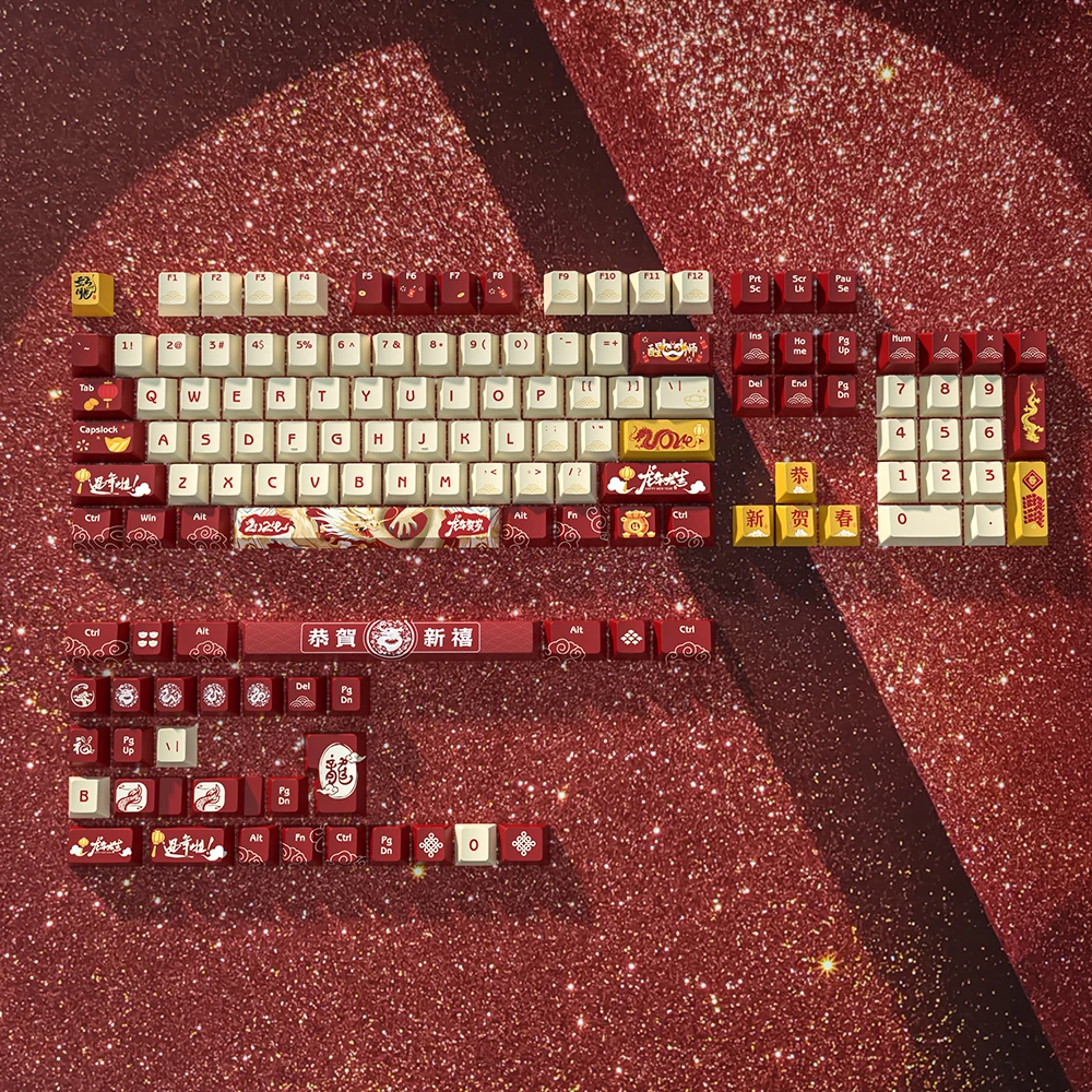 Dragon Year Keyboard Cap Grupo Boa Sorte Tintura Subbed Perfil de Cereja Pbt Grosso 87 Tkl 104 Ansi Xd64 Bm60 Xd68 Xd84 Bm87 Bm65
