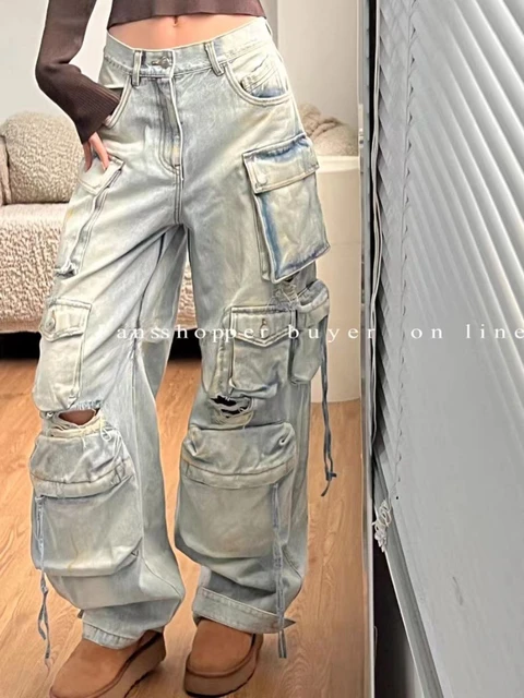 New Heavy Industry Multi-pocket Washed Cargo Pants Women Y2k