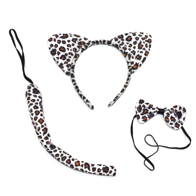 Kids 3Pcs Animal Cosplay Costume Set for CAT Ears Plush Headband Long Tail Bow