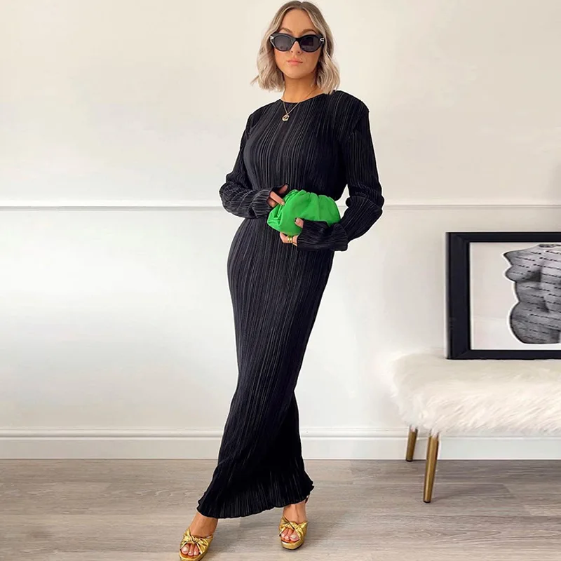 

Sexy Bodycon Maxi Dress for Women Slim Fit Autumn Casual Solid Color Round Neck Long Sleeve Clothing