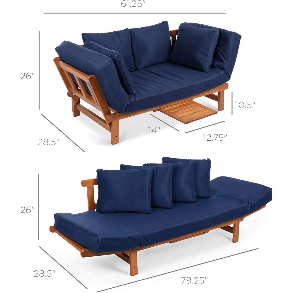 Outdoor Convertible Acacia Wood Futon Sofa Furniture for Patio, Balcony, Poolside, Backyard w/Pullout Tray,Removable Weather 2