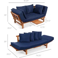 Outdoor Convertible Acacia Wood Futon Sofa Furniture for Patio, Balcony, Poolside, Backyard w/Pullout Tray,Removable Weather 2