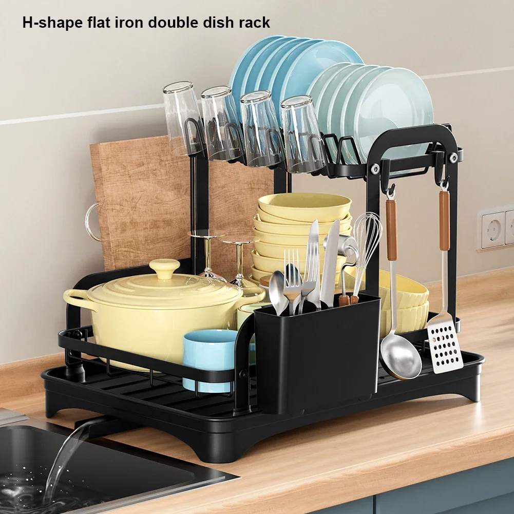 Description Picture 3 of item2 Tier Dish Bowl Drainer Storage Rack Kitchen Dish Drying Rack with Drain Basket Countertop Dinnerware Organizer Drainboard