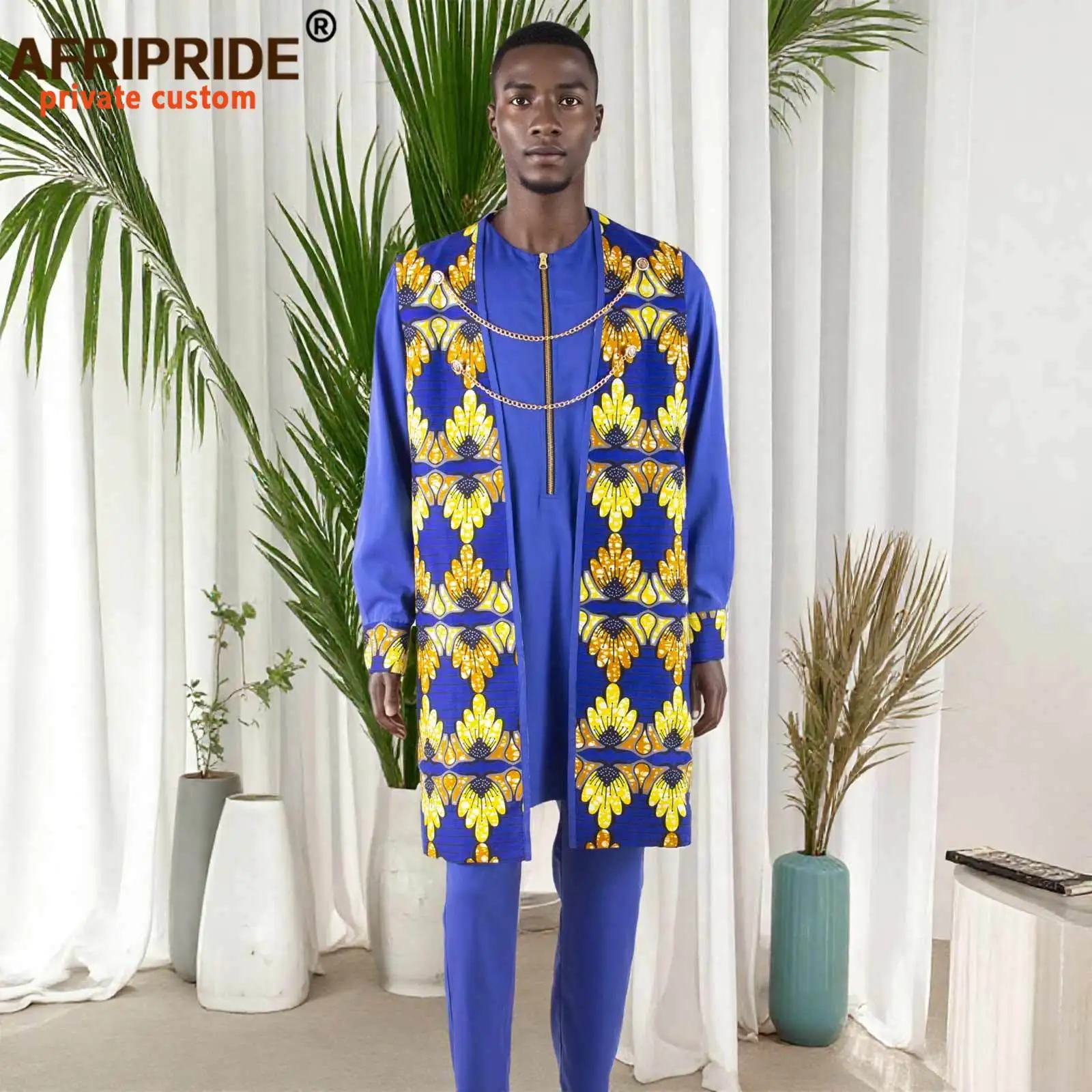African Print Blue Plant Printed Coat African Clothing For Men Two