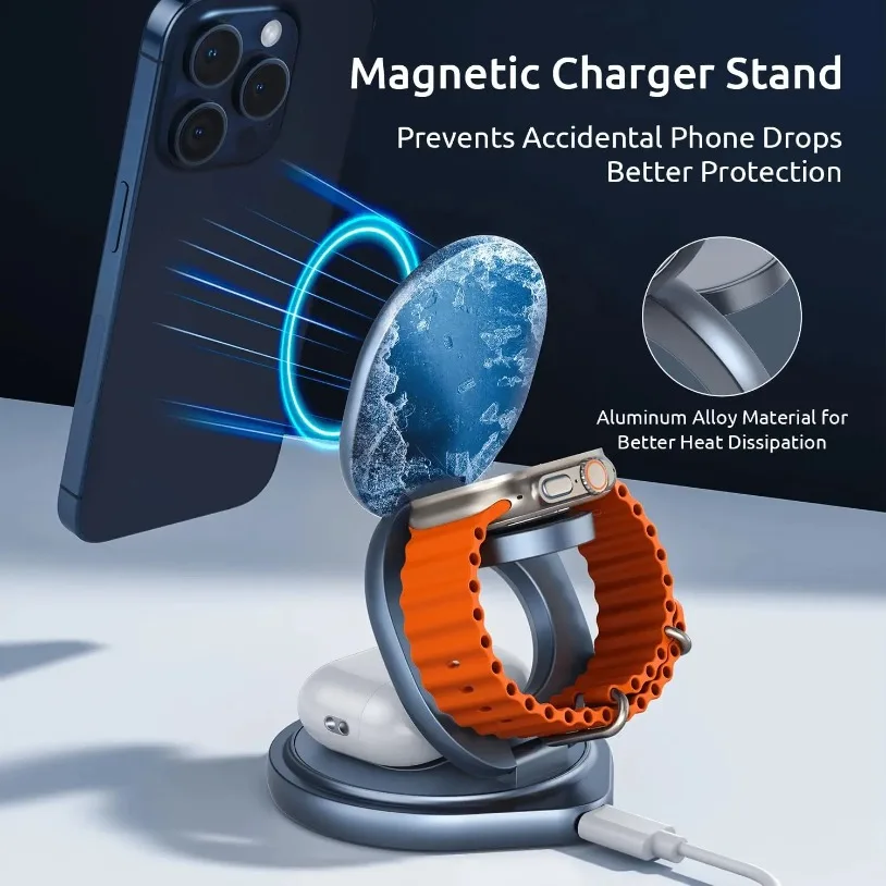 VIKEFON Portable Magnetic Zinc Alloy Travel Fast Wireless Charger Stand For Magsafe iPhone 17-12 Apple Watch 9 8 Airpods Pro
