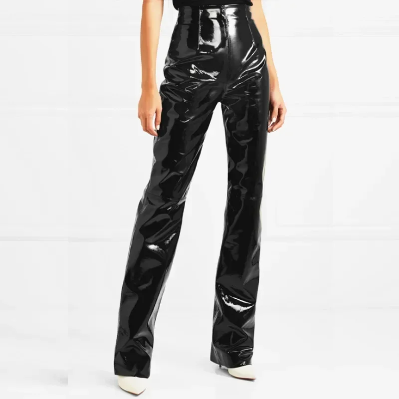 

High Waist PU Leather Straight Pants Women Shiny Patent Leather Trousers Ladies Punk Faux Latex Pants Clubwear Spring New Custom