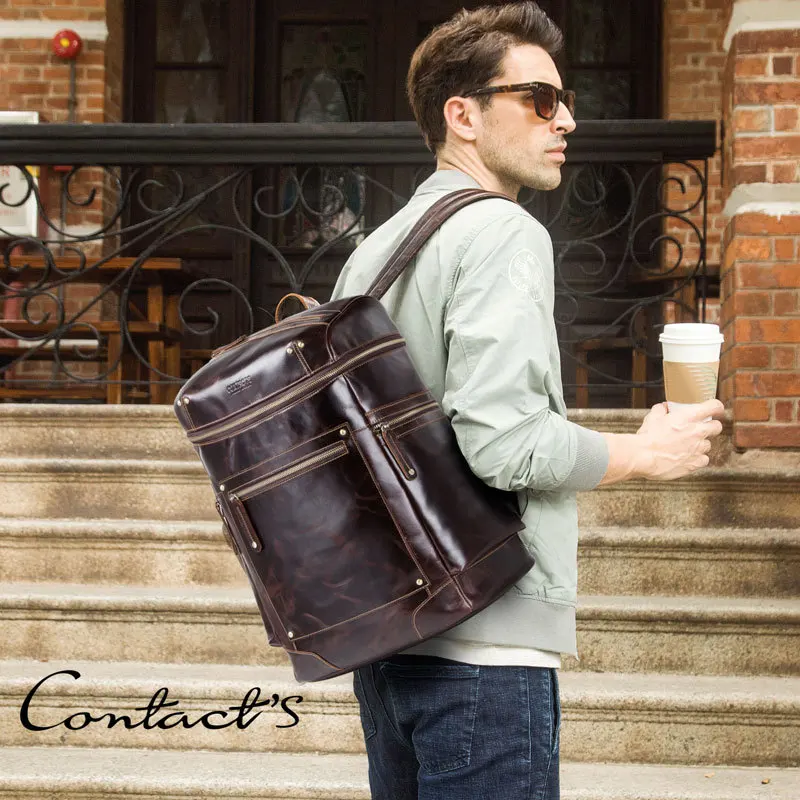 Men Travel Backpack Leather Vintage Daypack Multi Pocket Casual Rucksack Bags 