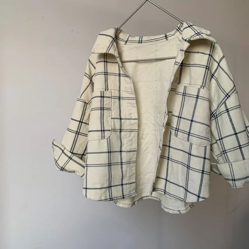 Spring autumn Boys and Girls corduroy plaid long sleeve shirts 1-6 years children vintage casual shirt Top