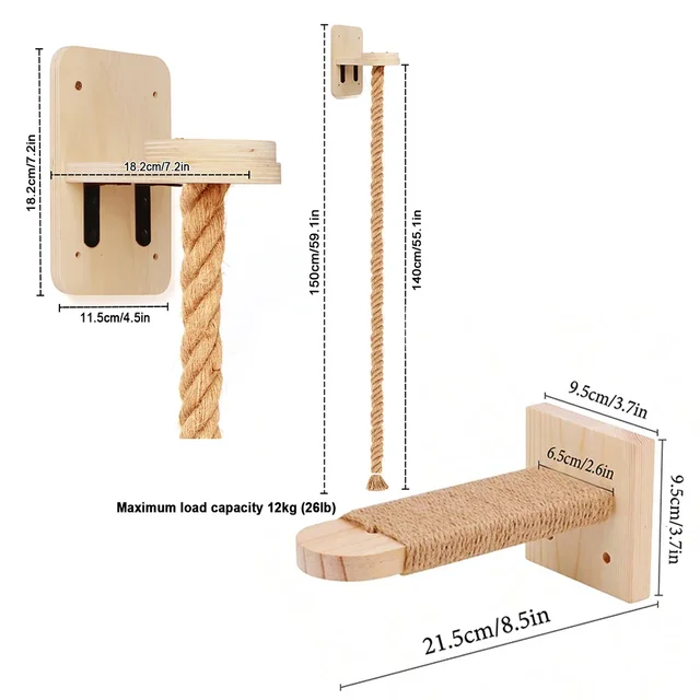 Wall-Mounted Wooden Cat Climbing Tree with Hammock & Scratching Post 18