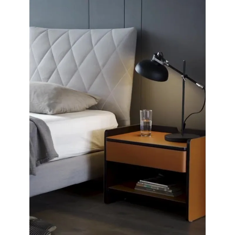 

Italian minimalist bedside table, saddle leather bedroom storage