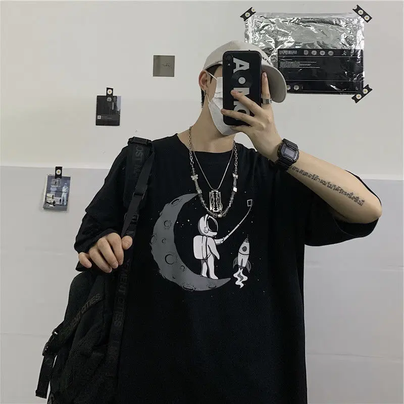 

Japanese summer cartoon short-sleeved T-shirt men's trendy brand Hong Kong style loose printed versatile 2024 bottoming shirts