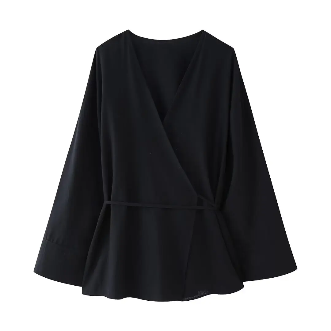 thumbnail image 1 of HH TRAF 2024 Conjunto de 2 piezas para mujer, pantalones de pierna ancha con cintura elástica y estilo kimono de moda, blusa holgada informal con cuello en V y mangas largas con cordones, 1 of 5
