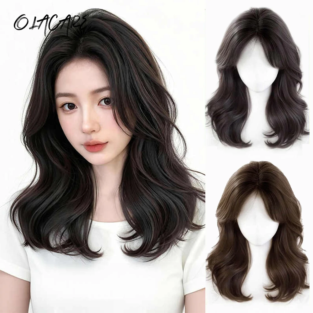 Black Synthetic Wig for Women with Wavy Hair and French Bangs