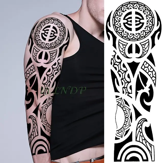 Autocollant de tatouage temporaire imperméable motif totem géométrique, bras complet limité à la manche, grande taille, faux tatouage flash pour hommes et femmes 2