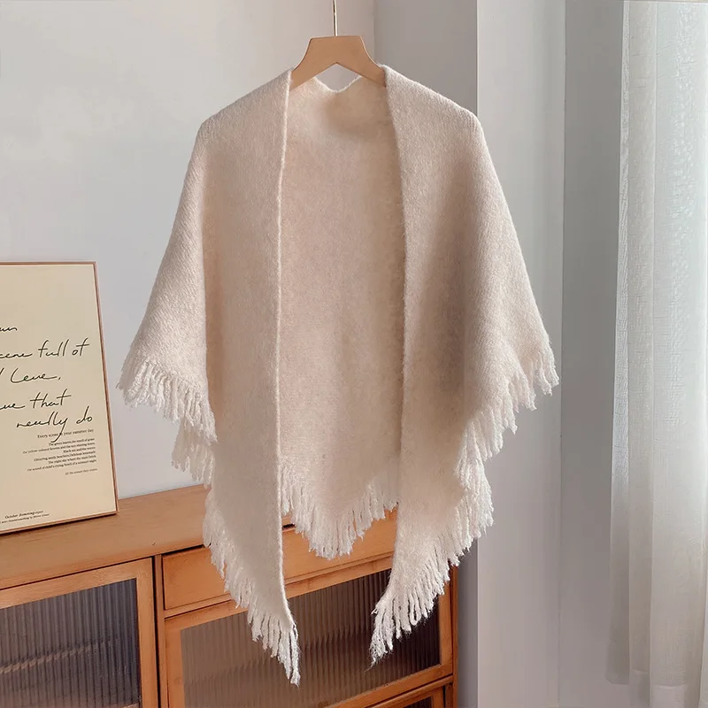 

New autumn winter tassel shawl for women's outerwear, versatile triangular scarf for warmth and neck protection Beige