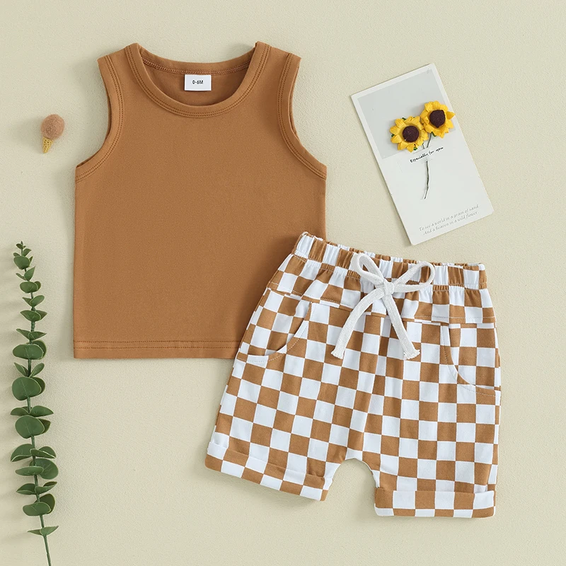 2023-12-09 lioraitiin Summer Baby Boy Clothes Solid Sleeveless Tank Top Checkered Shorts 2Pcs Outfit Set 2
