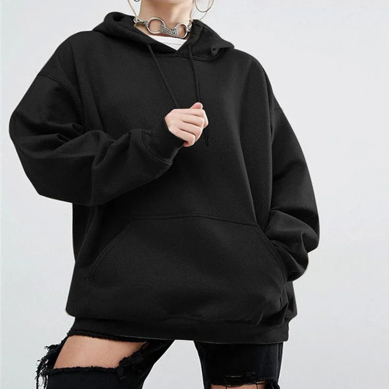 Women Cotton Long Sleeve Pullover Hooded Pocket Solid Sweatshirt Fashion Casual Spring Fall Winter Hoodies Simple Classic Tops