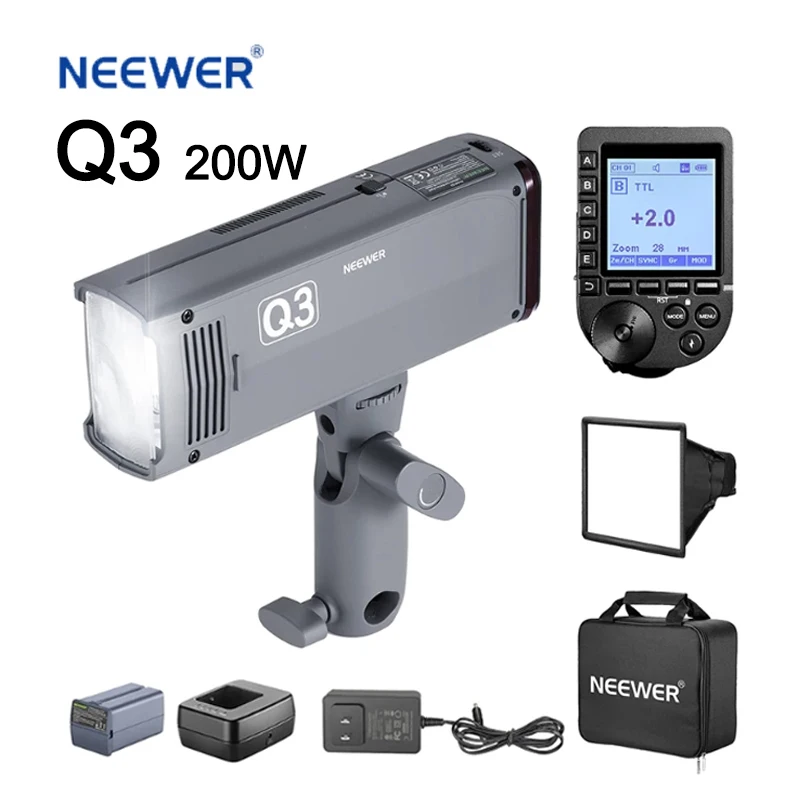 

Вспышка NEEWER Q3 200Ws 2,4G TTL (2-я версия), 1/8000 HSS Стробоскопическая фотография с фотовспышкой с триггером светильник/S/C опционально