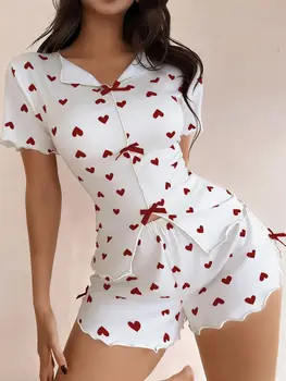 Summer New Women's Pajama Two piece Set with Love Print Collar Elastic Slim Short Sleeve Shorts Home Clothes Pajama Set